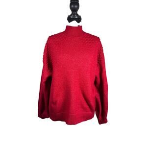 Nine West Womens Medium Red Textured Mock Neck Sweater Cotton Blend Holiday